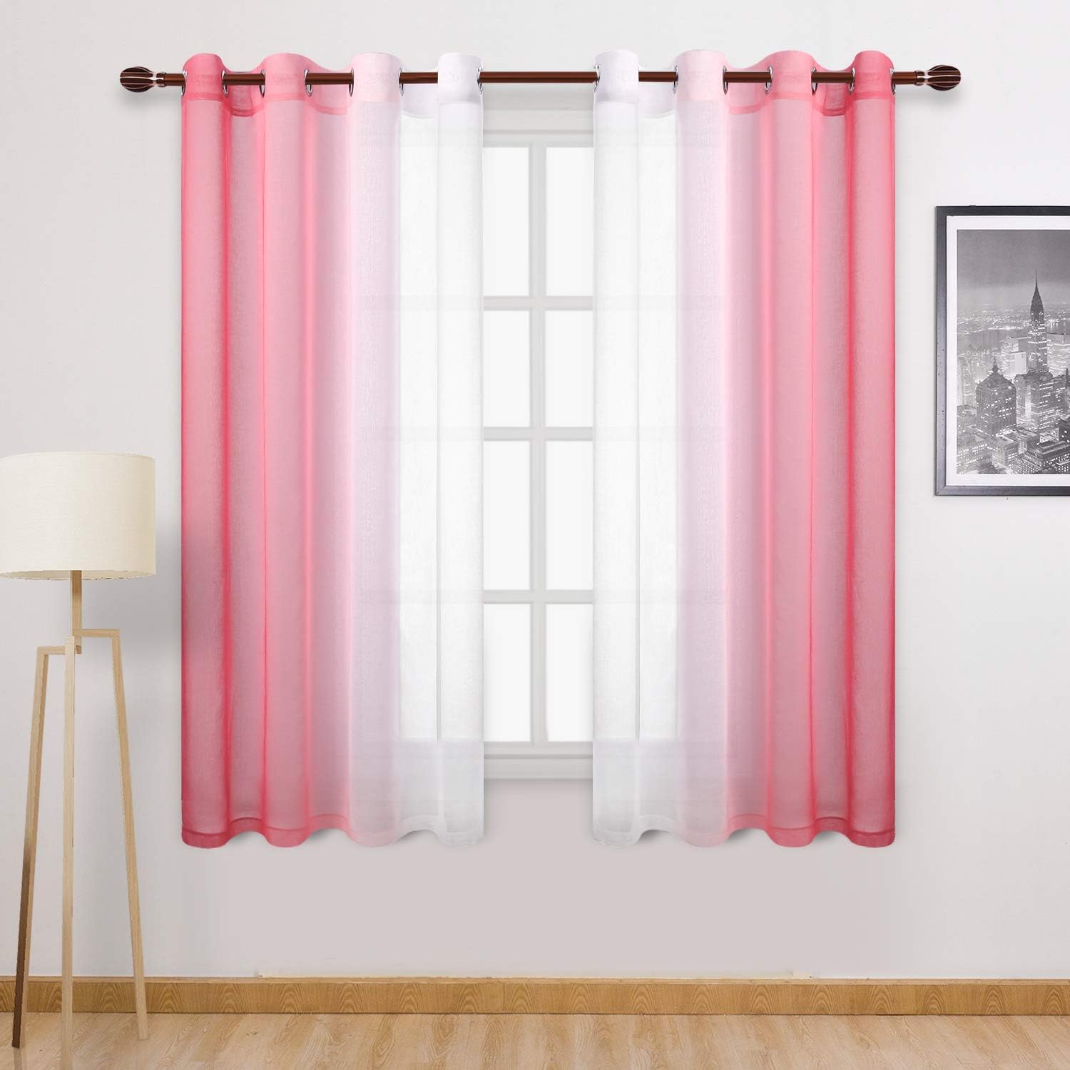 DWCN Ombre Sheer Curtains - Faux Linen Gradient Semi Voile Grommet Top Girl’s Bedroom and Living Room Curtains, Set of 2 Window Curtain Panels, 52 x 63 Inch Length, Pink