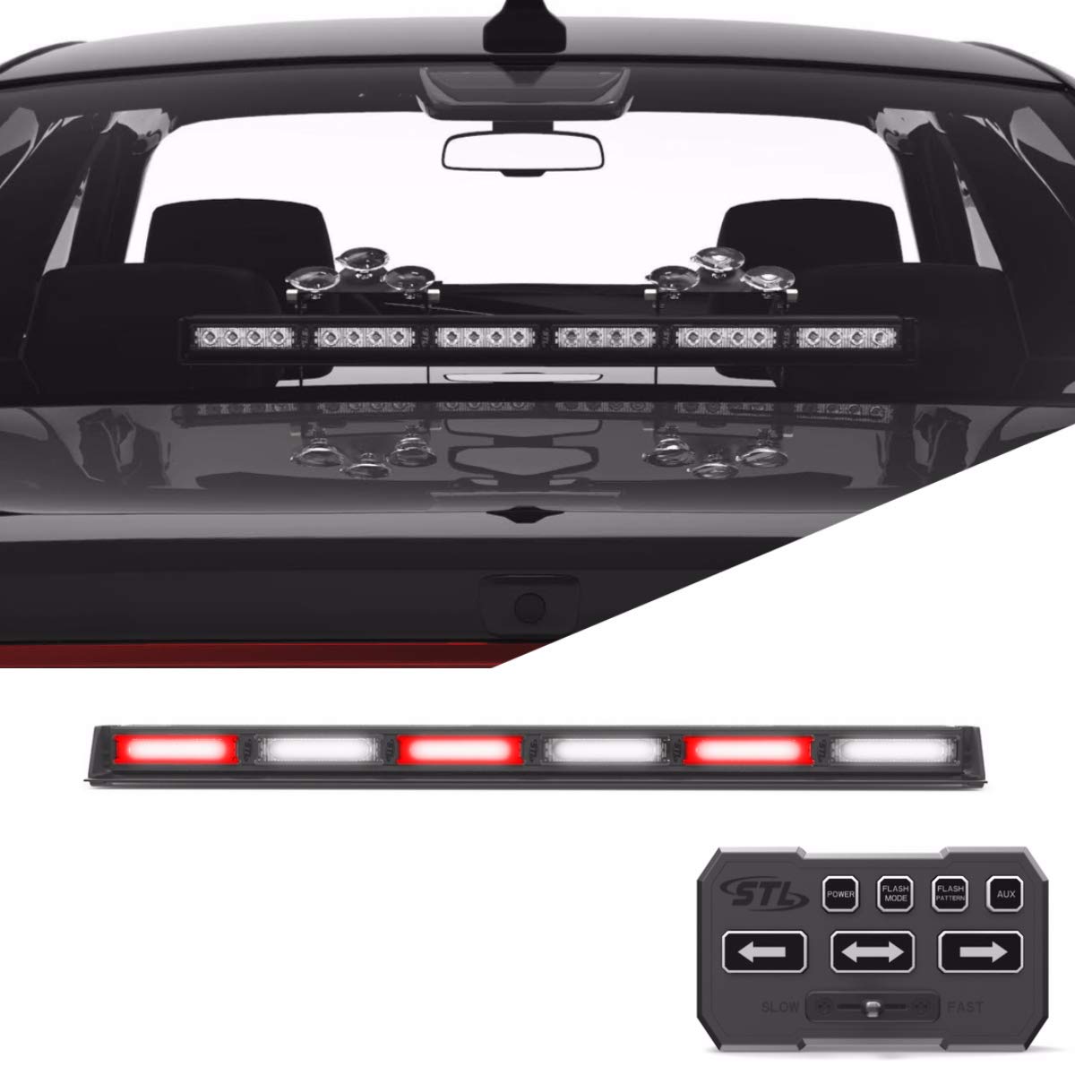 SpeedTech Lights Striker TIR 6 Head LED Traffic Advisor Light Bar for Emergency Vehicles/Strobe Directional Warning Light Windshield Mount - Red/Clear Alternating