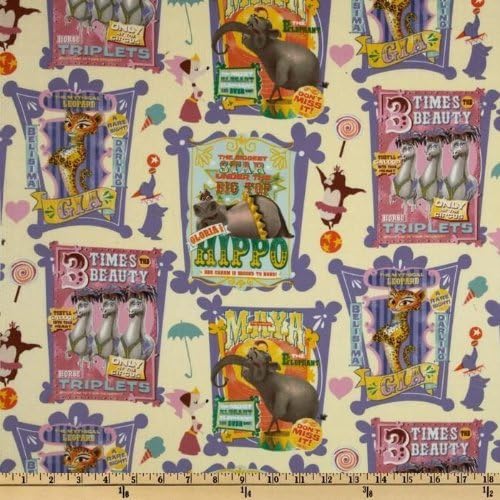 Dreamworks Madagascar the Movie Circus Animals Fabric on Cream Gloria the Hippo, GIA the Leopard, Esmerelda, Esperanza and Ernestina (Great for Quilting, Sewing, Craft Projects, Throw Pillows & More) 1/2 Yard X 44" Wide