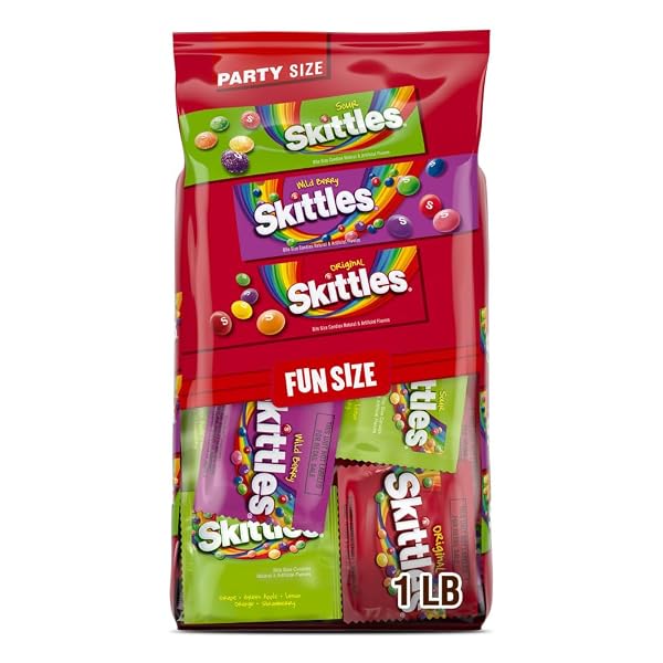 WRIGLEY’S SKITTLES FUN SIZE ORIGINAL, WILD BERRY, AND SOUR CHEWY INDIVIDUALLY WRAPPED STOCKING STUFFERS CHRISTMAS CANDY VARIETY PACK, 26.46 OZ BULK BAG