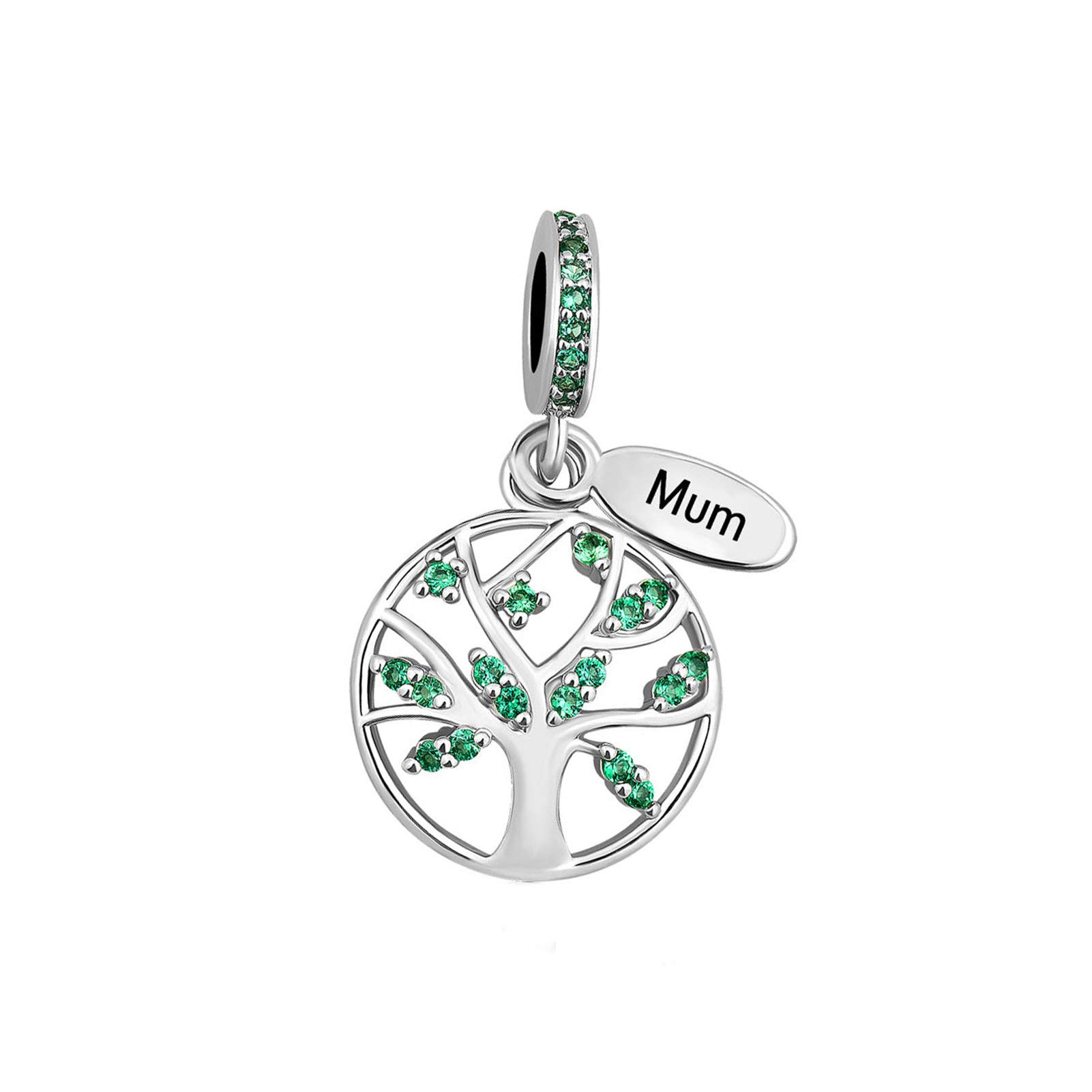 SBI Jewelry Family Tree Mum Charm for Bracelet Green Birthstone Dangle Pendant Wife Sister Mother's Day