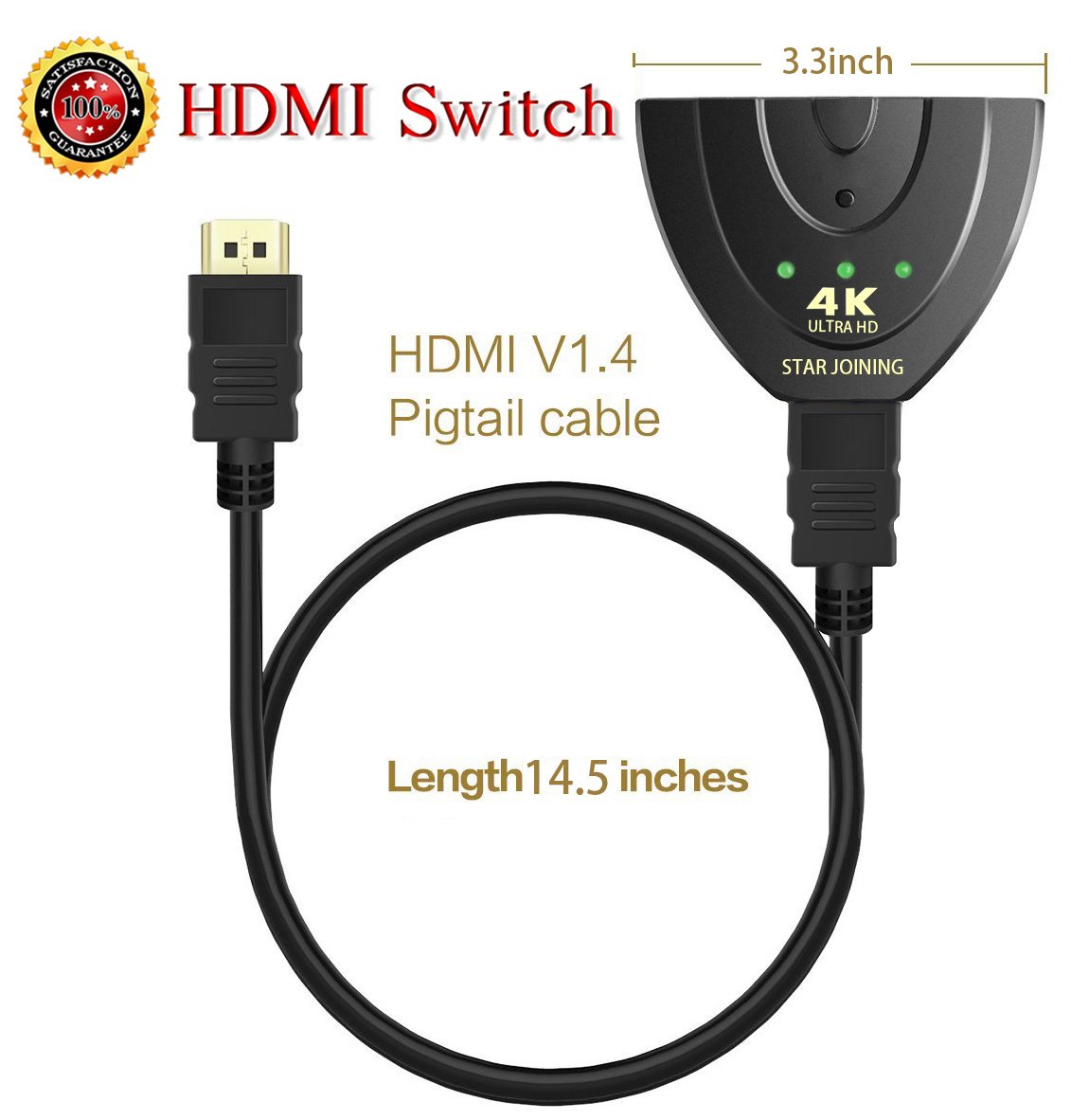 HDMI Switch-STARJOINING HDMI Splitter/Hub/Switcher(3 In 1 Out)-Supports 4K 1080 HD Plug and Play for HDTV PC Projector PS3 PS4 Xbox One, Blu-ray Player and More