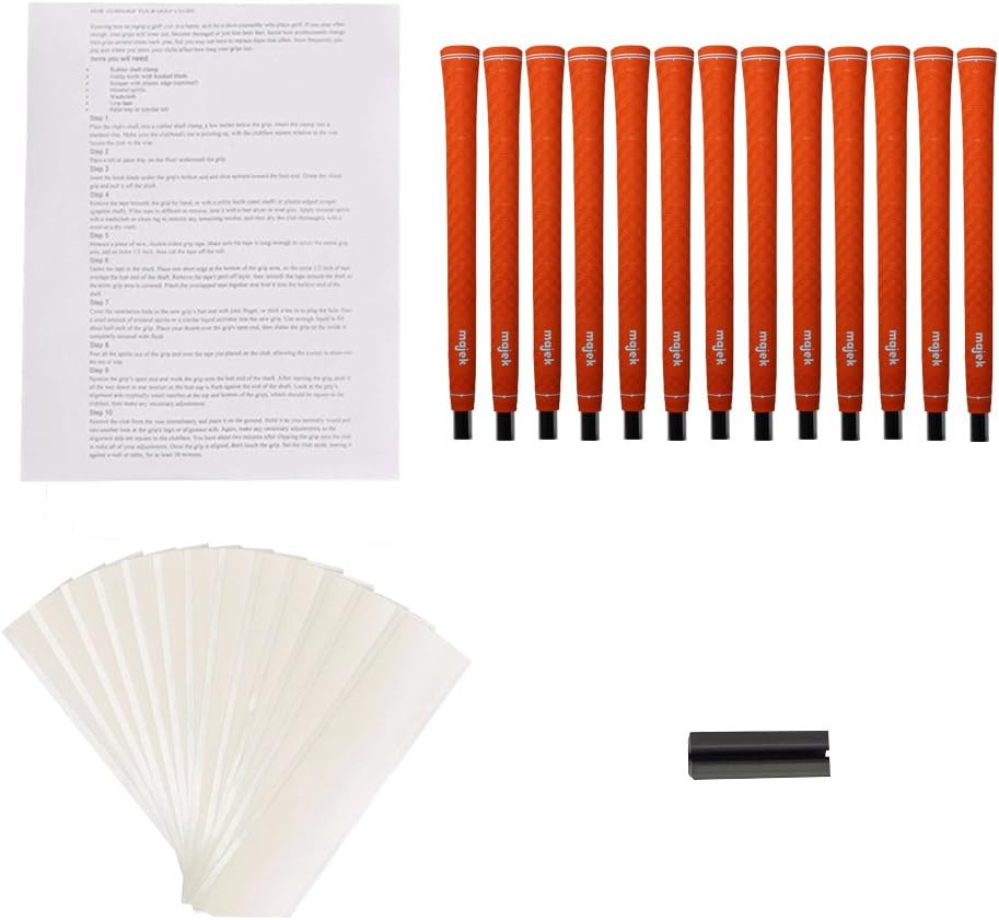 Majek Tour Pro Orange Standard Size Golf Grips and Grip Kit (13 Grips, Grip Tape, clamp, Instructions)