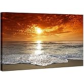 Wieco Art The Sea Canvas Prints Wall Art Sunset Ocean Beach Pictures Photo Paintings for Living Room Bedroom Home Decorations Modern Stretched and Framed Seascape Waves Landscape Giclee Artwork