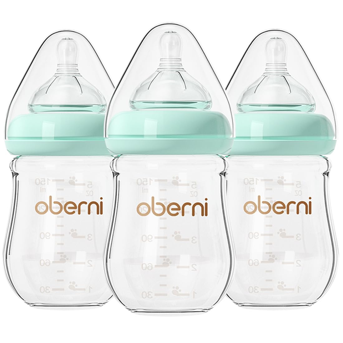 Oberni Anti-Colic Glass Baby Bottles with Slow Flow Breast-Like Silicone Teat, 150ml, 0+ Months, Wide-Neck, Blue/3Pack