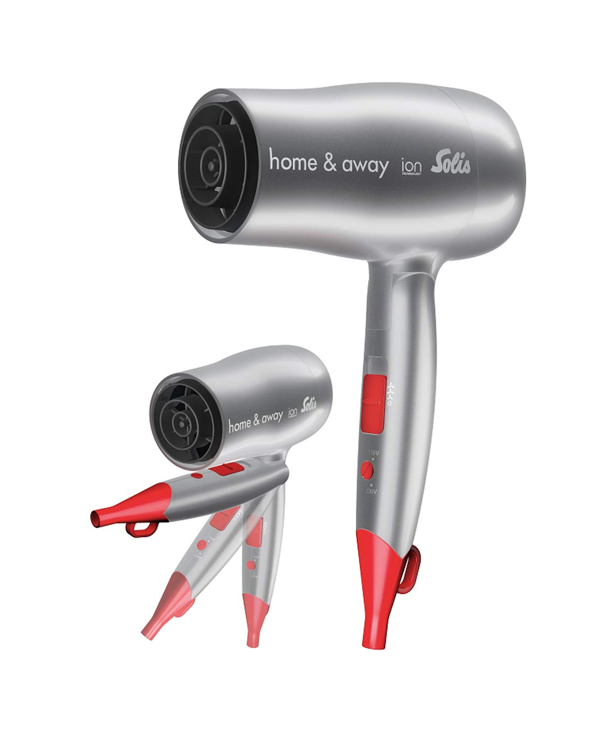 Solis Home & Away 3791 - Hair Dryer - Travel Hair Dryer - Ion Technology - Includes Onduating Nozzle - 1800 W - Anthracite/Red