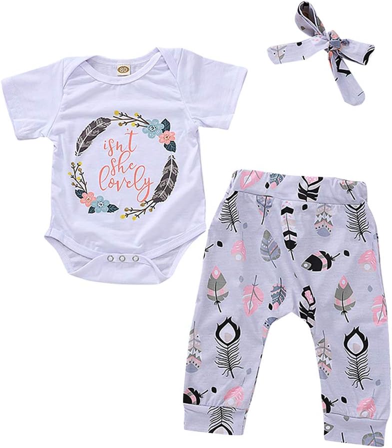 COLOOM 3Pcs Newborn Baby Girls Short Sleeve Isn't She Lovely Romper Floral Pants with Headband Outfits Set