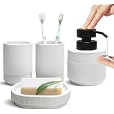 WEITESI HOME Resin Bathroom Accessories Set, 4 Pcs Modern Bathroom Accessory Set with Liquid Plastic Pump Lotion Soap Dispenser,2 Toothbrush Cup, Soap Dish Countertop Vanity Organizer(White)