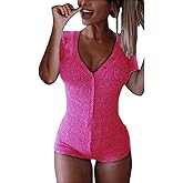Roselux Women's Sexy Deep V Neck Shorts Short Sleeve Knitted One Piece Bodysuit Sexy Pajama Onesie Bodycon Rompers Overall