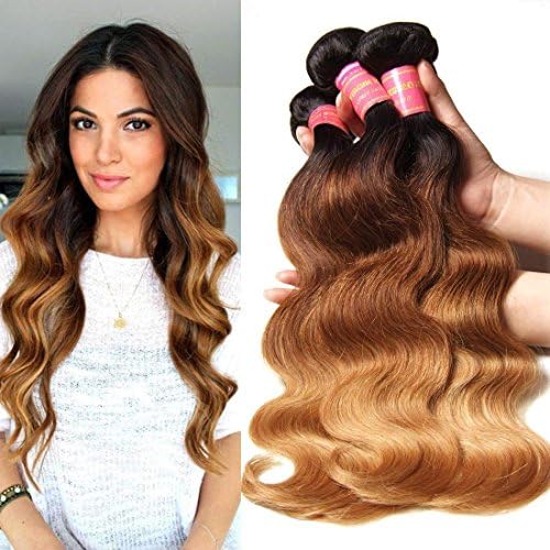 Longqi Beauty Brazilian Virgin Hair Body Wave Ombre Hair Weft 3 Bundles 100% Unprocessed Human Hair Weave Extensions 95-100g/pc (16 18 20 inch, 1b/#4/#27)