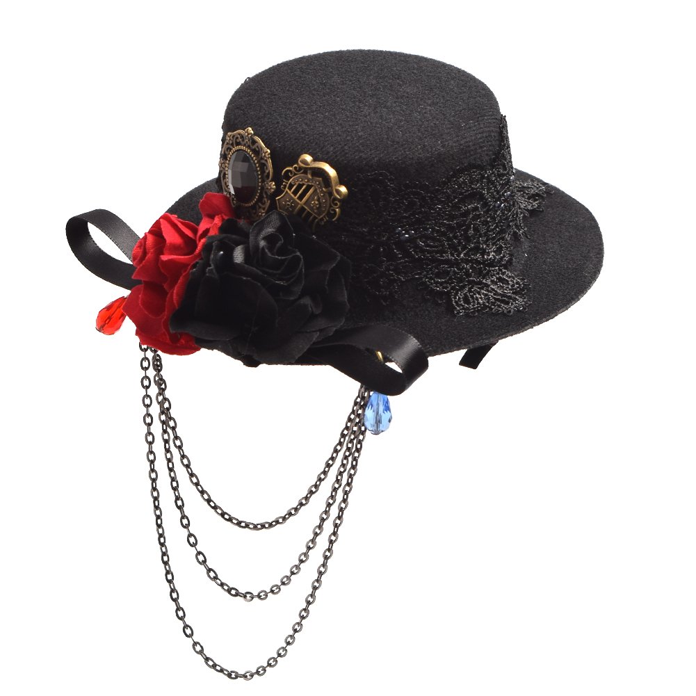 BLESSUME SteamPunk Women Black Mini Top Hat Hair Clip Rose Floral Lace Headwear Vintage(Size: One Size) โ image 1