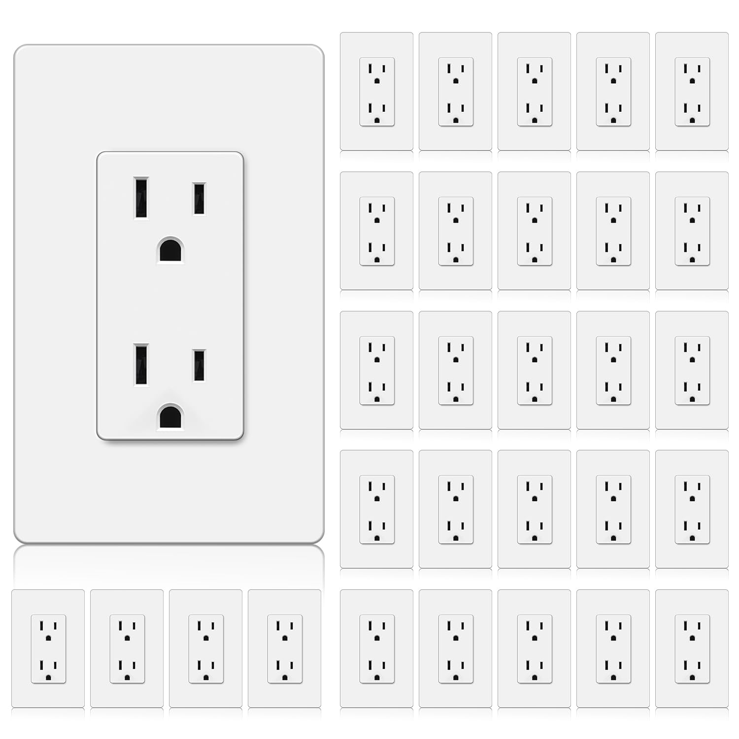 Photo 1 of BESTTEN 30 Pack 15 Amp Decorator Receptacle Outlet, Standard Electrical Wall Outlet, Decor Screwless Wallplate Included, 15A/125V/1875W, Residential and Commercial Use, UL Listed, White