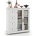 COSTWAY Sideboard Buffet Cabinet, Kitchen Storage Cabinet with 4-Drawers, 2 Tempered Glass Doors, Buffet Table, Accent Cabinet for Entryway, Dining Room, Kitchen, Home, Basement, White