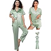 WJing Yi Jia 5Pcs Womens Silk Satin Pajamas Sets XS-XXL Short Pj Sets Button Down Pjs Set Sleepwear Loungewear