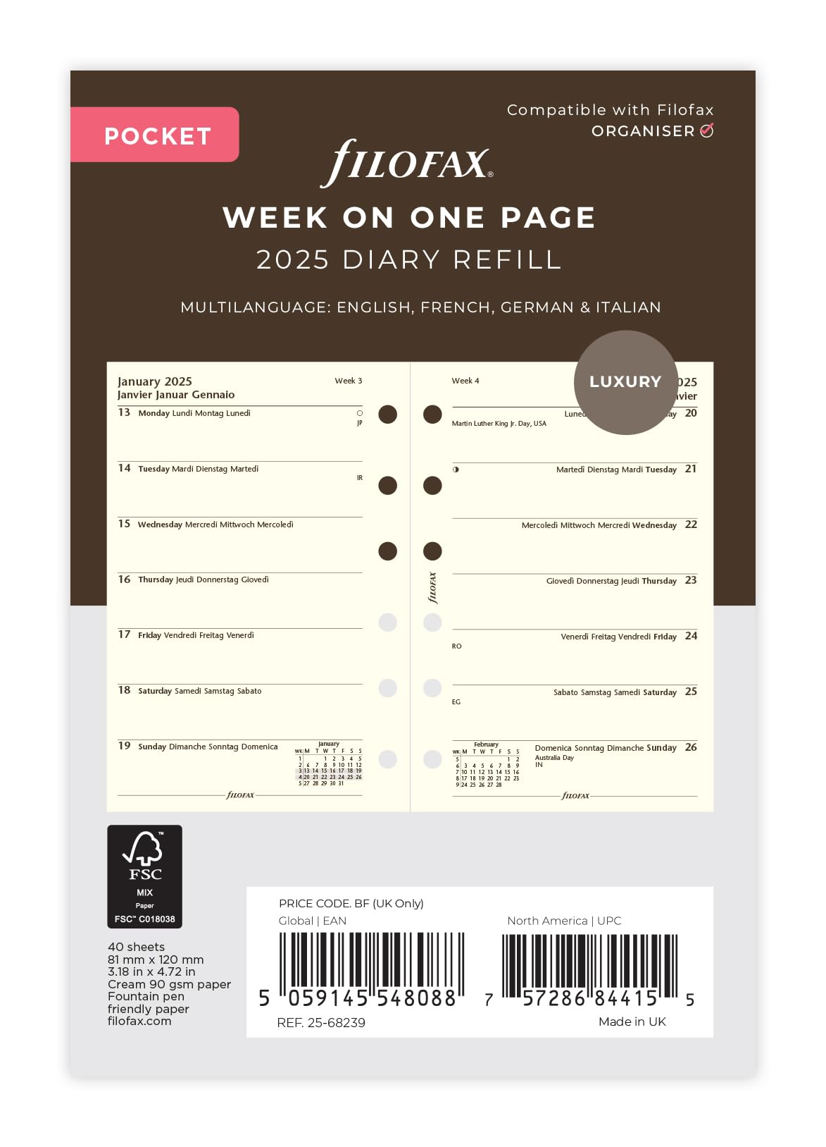 Pocket Week per page 4 language cotton cream 2025
