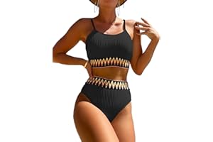 Zuvebamyo Women's High Waisted Swimsuit Two Piece Ribbed Bikini Sets Crop Top High Cut Cheeky Bathing Suits