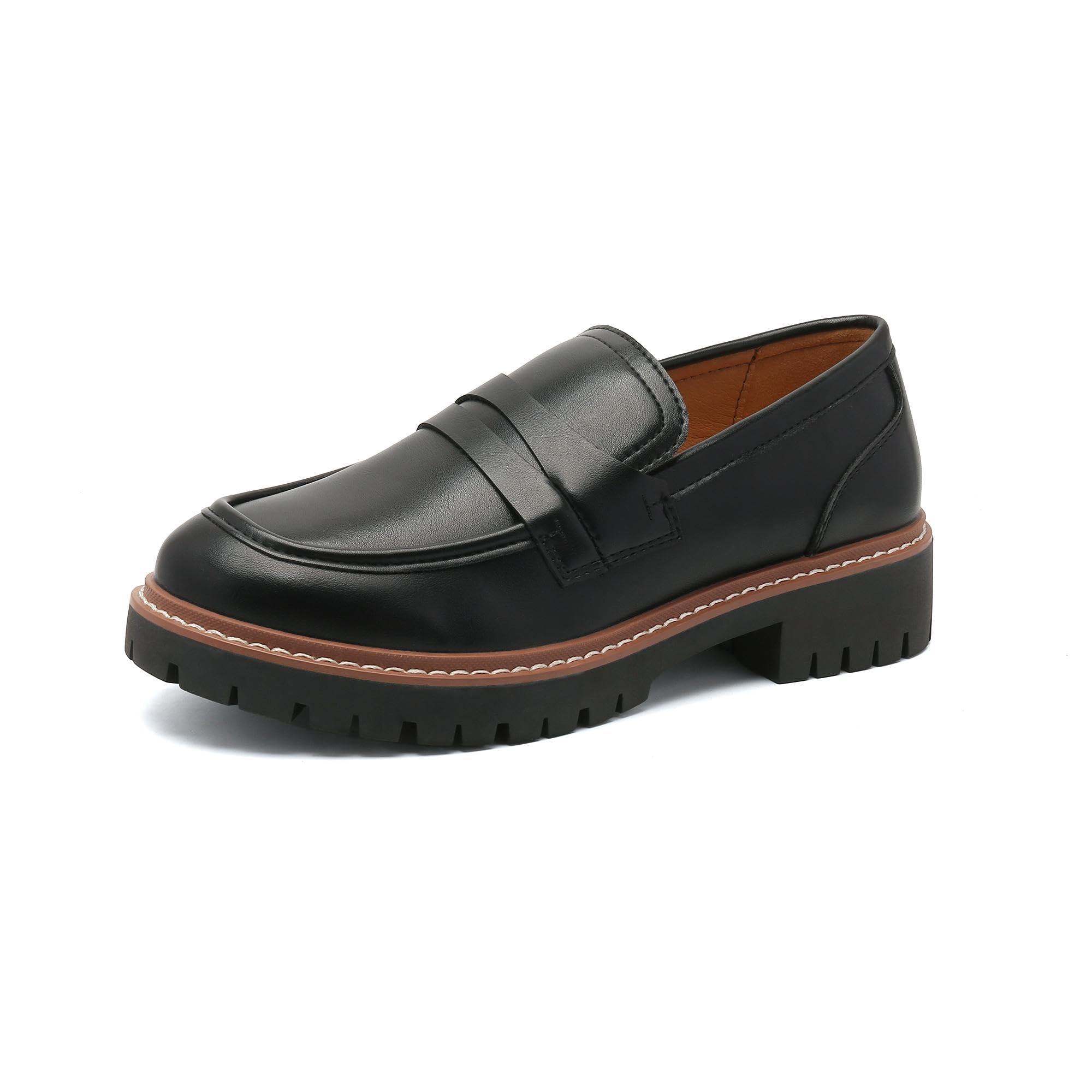 Photo 1 of GUTOUGE Penny Loafers for Women Chunky Loafers Women Lug Sole Platform Loafers for Women Slip-Ons, Black, Size 9