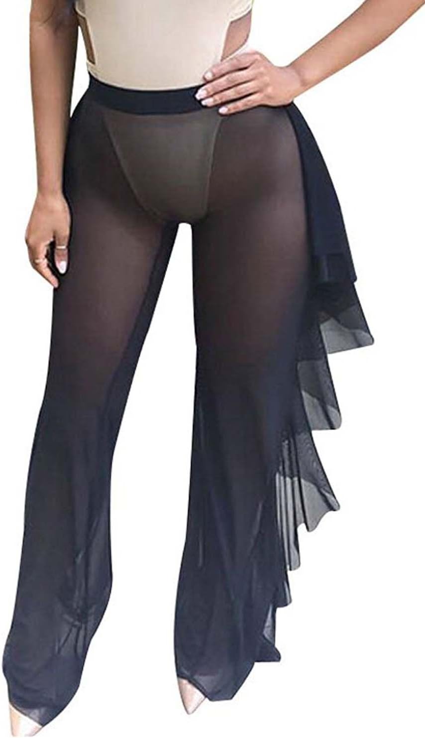 Women's Perspective Sheer Mesh Ruffle Pants Swimsuit Bikini Bottom Cover up
