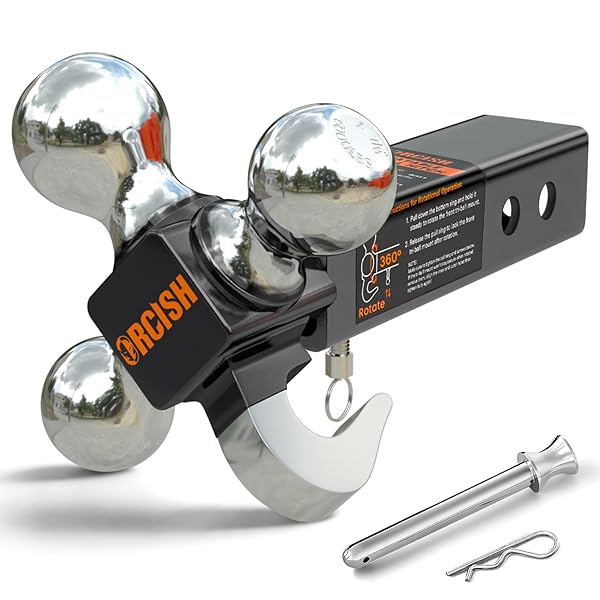 ORCISH 360° SWIVEL TRAILER HITCH, TRI-BALL MOUNT WITH PIN & HEAVY DUTY HOOK, CHROME-PLATED TRAILER BALL SIZE 1-7/8″, 2″ AND 2-5/16″, FIT 2 INCH HITCH RECEIVER, ROTATING BALL HITCH, TOWING HITCH