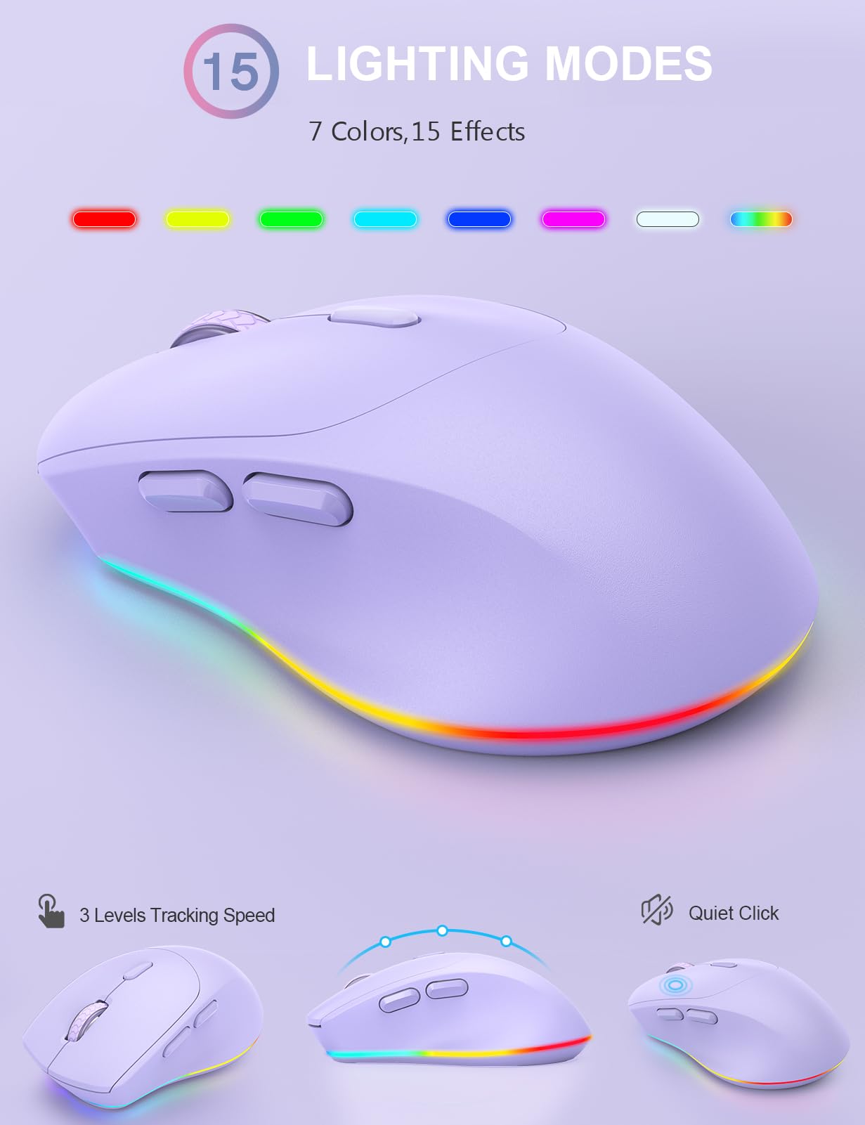 Wireless Keyboard and Mouse Combo - 7Color Backlit, Wrist Rest, Rechargeable, Silent Light Up Keys, Ergonomic Full Size with Phone Holder for Windows, Mac, PC, Laptop, PC - Trueque (Purple)