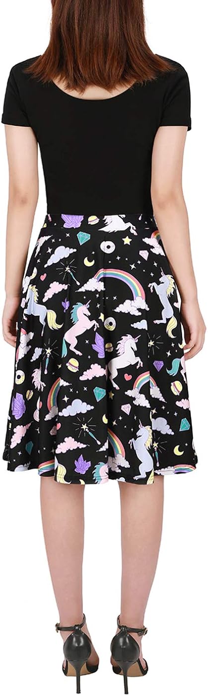 HDE Skirts for Women - Midi Skirt Skater Skirt Knee Length High Waist Fun Prints: Clothing