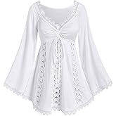 ROSE GAL Women Plus Size Lace Trim Hollow Out Cinched Flare Sleeves T-Shirt Bell Sleeves Renaissance Top