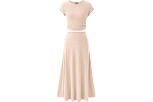 PRETTYGARDEN Women's 2 Piece Summer Outfits Dressy Casual Knit Short Sleeve Crop Top High Waist Midi Skirt Set