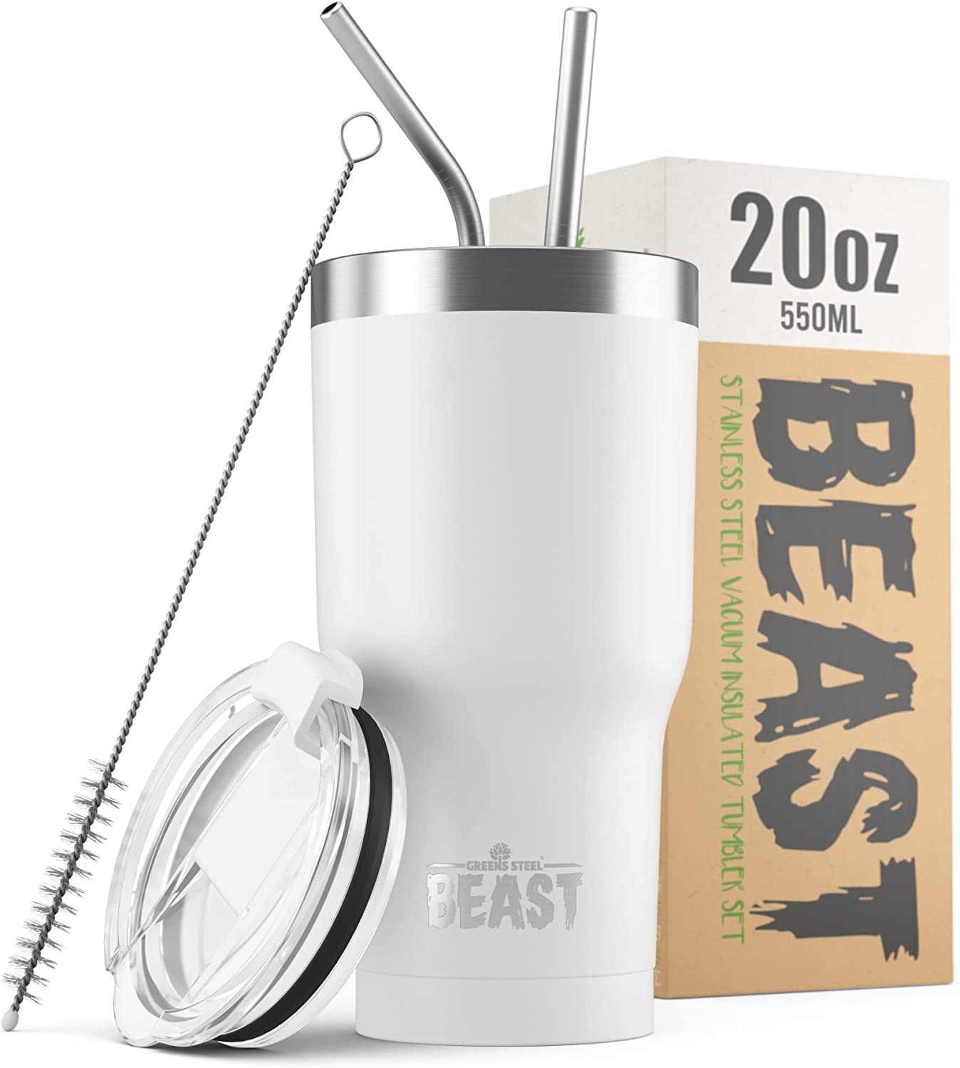 Beast Tumbler - 550 ml (20 oz), White | Reusable Stainless Steel, Vacuum Insulated Cup | with + 2 Straws & Cleaning Brush | Double Wall Travel Flask Perfect for Hot or Iced Coffee | BPA Free — image 1