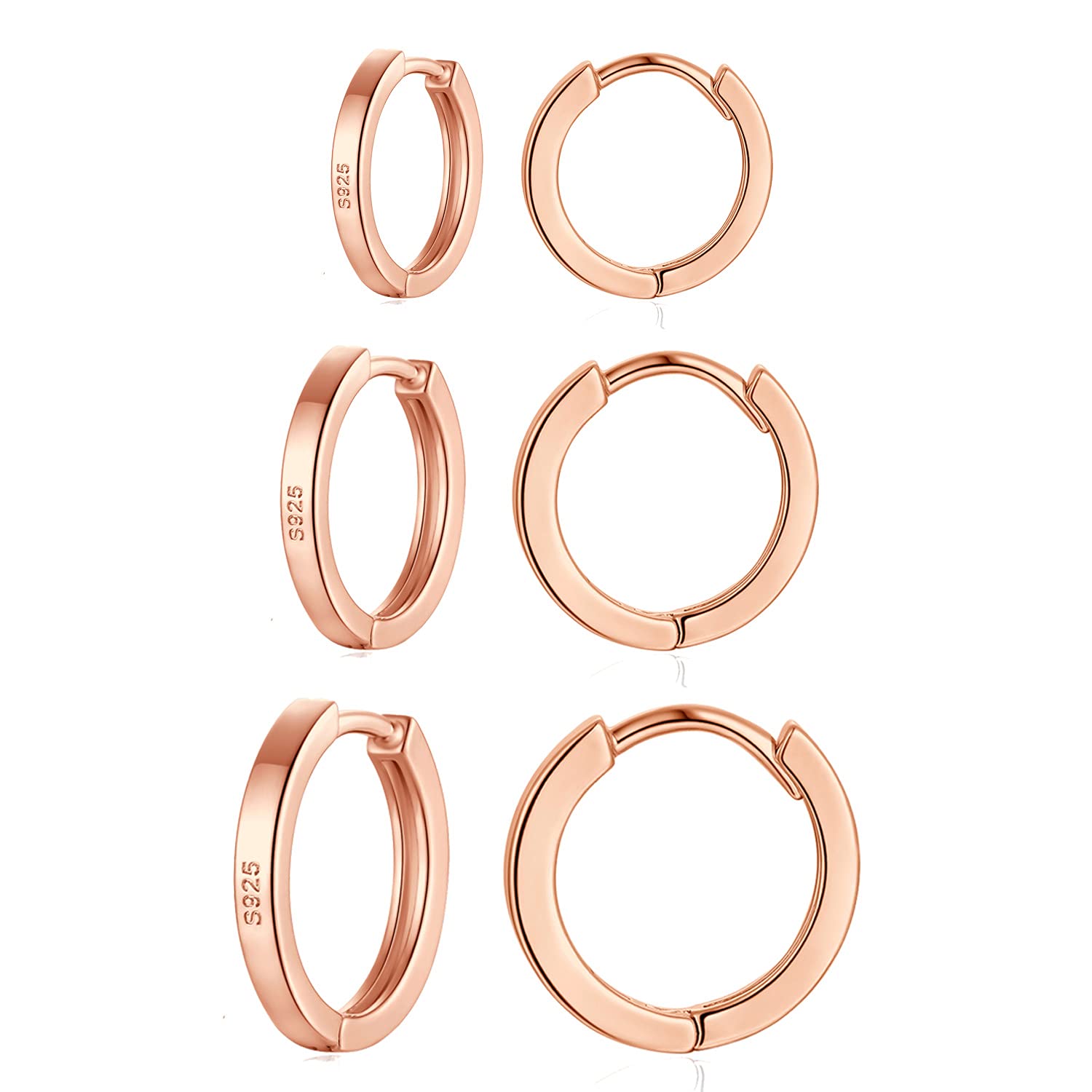 wynn's Silver Hoop Earrings for Women, 925 Sterling Silver Unisex Small Sleeper Hoop Earrings, Rose Gold Hooped Huggie Cartilage Earrings for Women Men Girls (8+10+12mm)