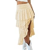 Yousify Womens Lace Midi Skirts High Waist Y2K Asymmetrical Layered Flowy Fairy Skirts Floral Beach Long Skirt