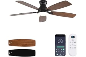 JSAITEE Ceiling Fans with Lights, 52 Inch Low Profile Ceiling Fan with Light and Remote Control, Flush Mount, DC Reversible Motor, Noiseless, Brown 6 Speeds Ceiling Fan for Bedroom