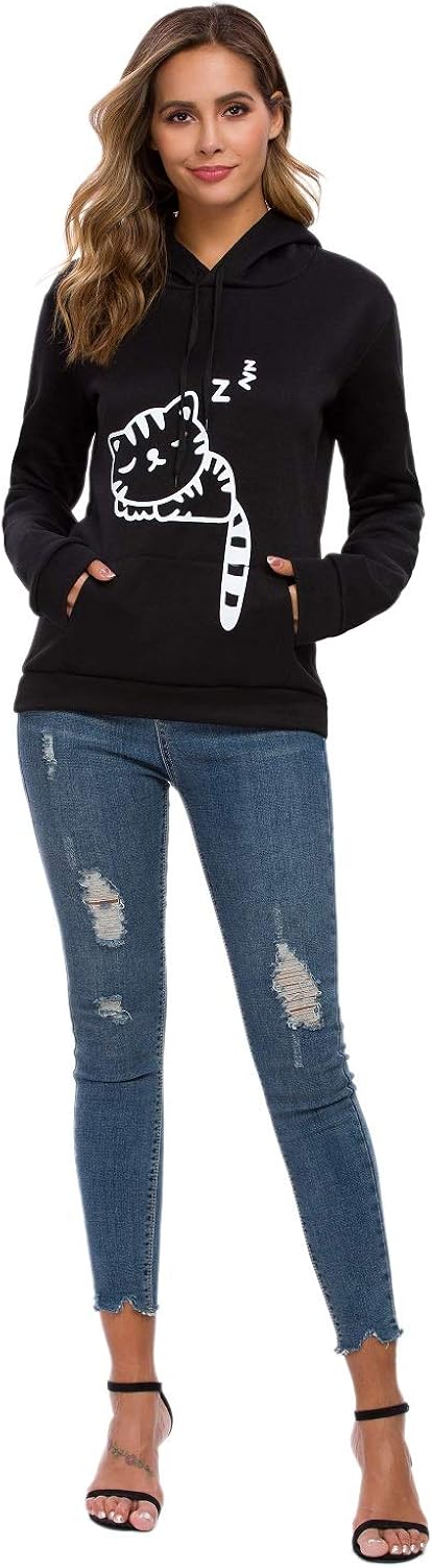 Women Teen Girls Cat Hoodie Sweatshirt Cute Cat Ear Sleeping Cat Printed Pullover Sweatshirt: Clothing