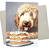 Goldendoodle Birthday Card (5X7 Inches, Blank Inside) Happy Goldendoodle and Birthday Cake ready for a party - 643