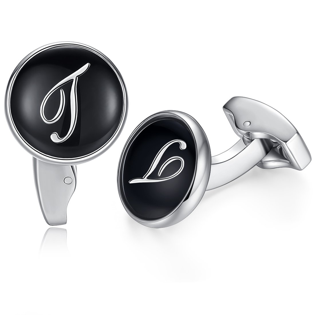 HONEY BEAR Initial Alphabet Letter Cufflinks for Men, Black Round Shape Wedding Business Gift A - Z (T)