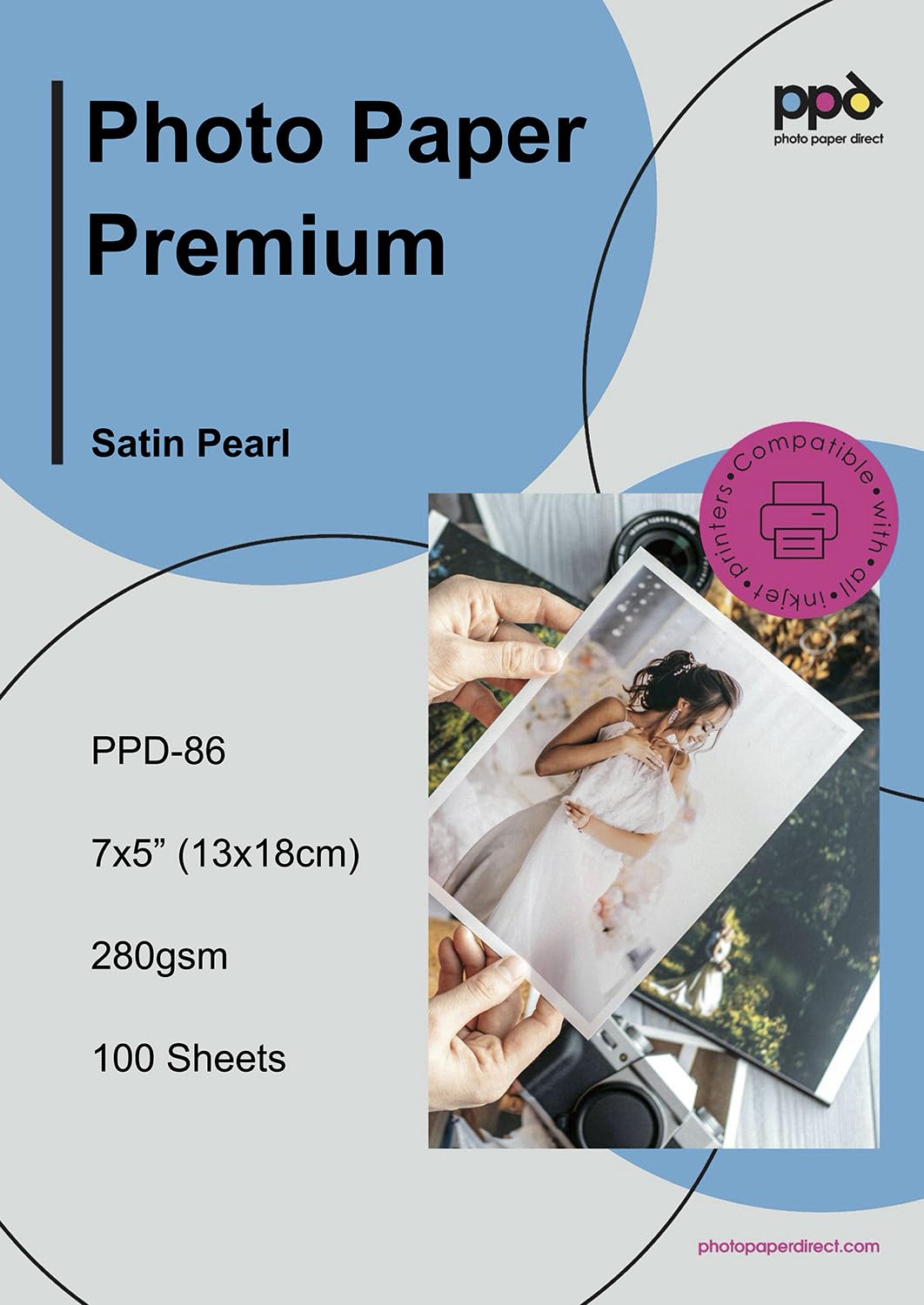 PPD Satin Photo Paper for Inkjet Printer, Premium Semi-Gloss Luster Finish 5 x 7 Size Sheets for Printable Photos, Thick 255 gsm 68 lbs 10.5 mil, White, Water Resistant & Instant Dry Prints (100 Pack)