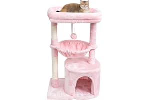 SYANDLVY Small Cat Tree for Indoor Cats, Cat Tower with Scratching Post, Modern Cat House with Padded Perch, Kittens Condo with Cradle, Cat Cave, Pink
