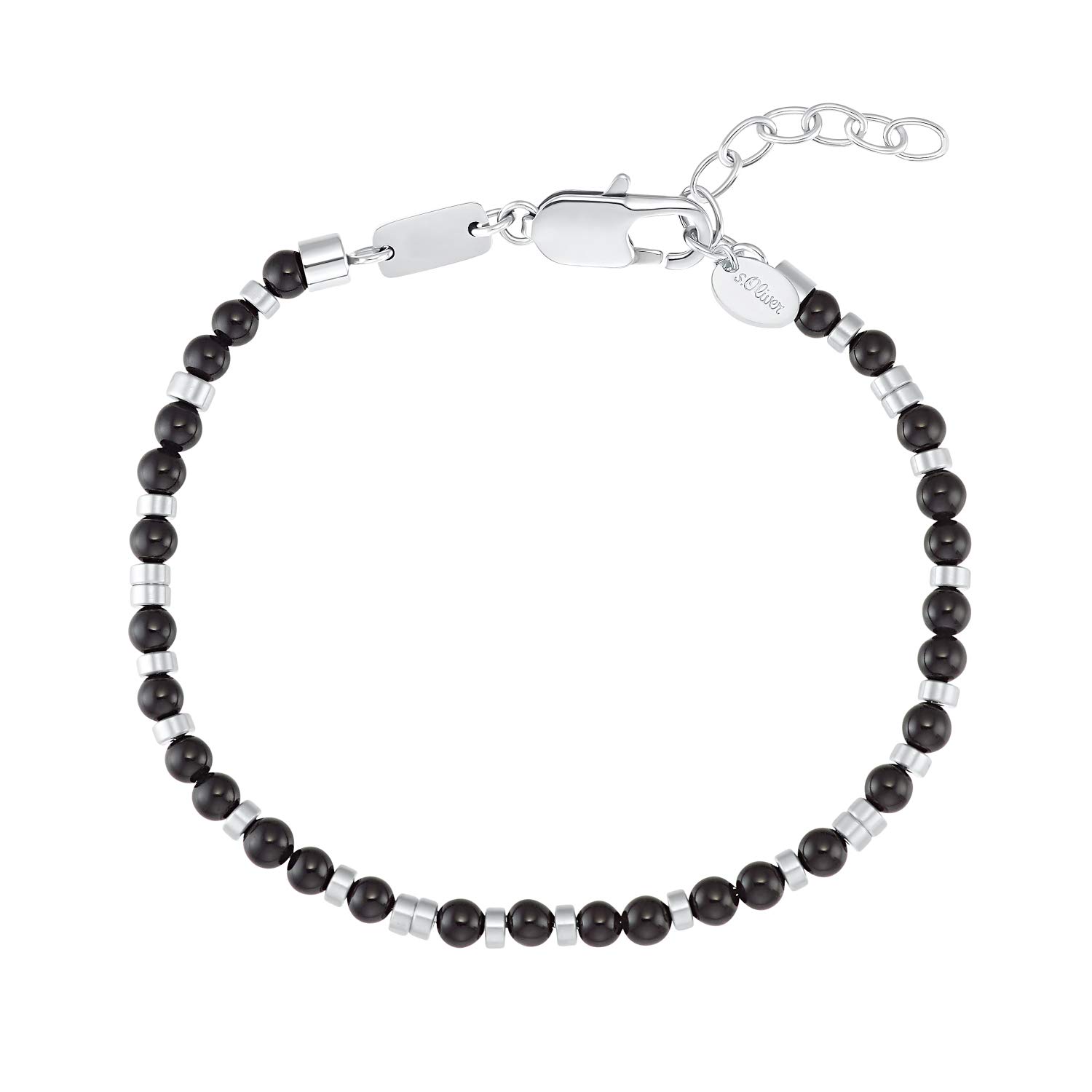 s.Oliver 2031484 Men's Stainless Steel Bracelet with Agate 20 + 3 cm Black Comes in Jewellery Gift Box, 20+3, Precious metal, Agate