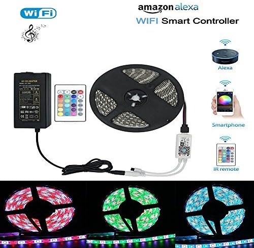 Wifi LED Lights Strip Kit work with Amazon Alexa, 16.4FT Waterproof RGBW 5050 LED Strip Light Music Light , APP Control &amp; IR Remote Control Work with Alexa Support Timer Voice/Music Control