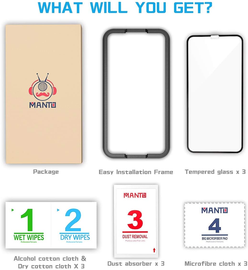 MANTO 3-Pack Screen Protector for iPhone 11 Pro and iPhone Xs X 5.8 Inch Full Coverage Tempered Glass Film Edge to Edge Protection, Black