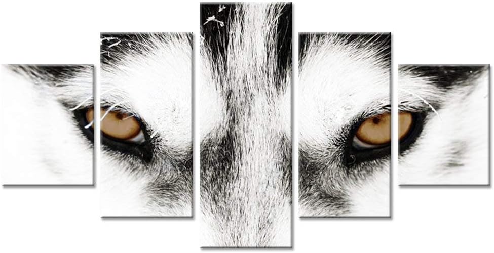iHAPPYWALL Large 5 Pieces Black and White Animals Wall Art Wolf Husky Dog Giclee Artwork for Living Room Home Decor Stretched and Framed Ready to Hang