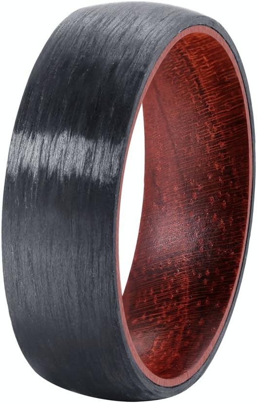 POYA 8mm Pure Black Carbon Fiber Ring Domed Wedding Band Rosewood Interior Comfort Fit