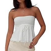 BAIGRAM Women Strapless Floral Lace Ruffle Y2K Babydoll Tube Tops Tie Up Clean Fit Flowy Peplum Crop Tank Fairy Core Clothes