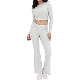 ZOOSIXX Women's Lounge Set Pajamas 2 Piece Outfits, Fold Over Flare Legging Comfy Matching Clothes for Home