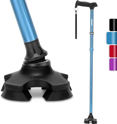 rehand Folding Adjustable Walking Stick Quad Cane with Soft Handle Blue