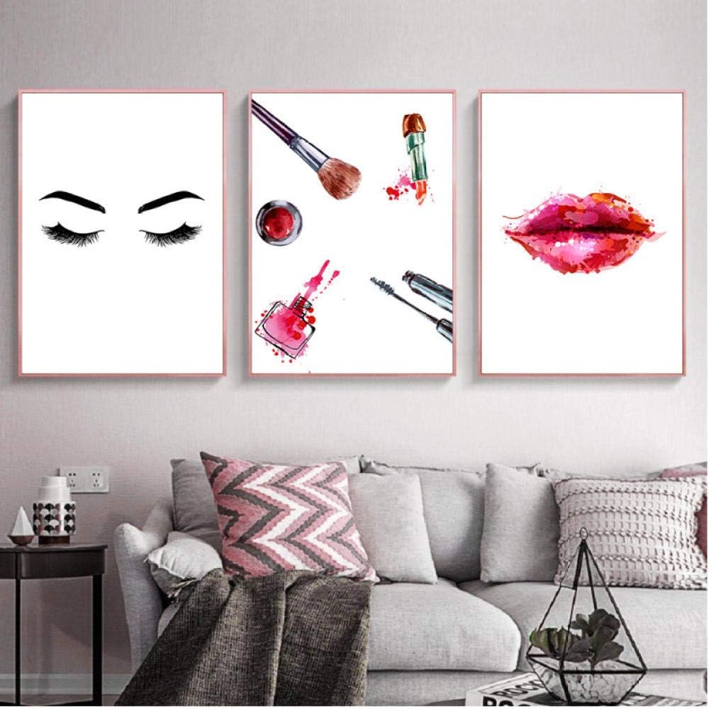 ARTTONIT Modern Eyelash Red Lips Fashion Posters Makeup Canvas Painting Wall Art Nordic Poster Wall Pictures For Beauty Salon Decor 50x70cmx3 unframed