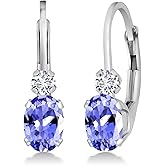 Gem Stone King 14K White Gold Blue Tanzanite and White Diamond Leverback Earrings For Women | 0.97 Cttw | Gemstone December Birthstone | Oval 6X4MM | Round 2MM | 3/4 Inch