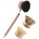 SUPRNN Bamboo Dish Brush with Handle, 1 Sturdy Wooden Handle with 3 Natural Bristle Heads, Horsehair, Sisal, Palm - All Purpose Kitchen Scrubber, Bamboo Wok Brush, Fruit and Veggie Scrubber
