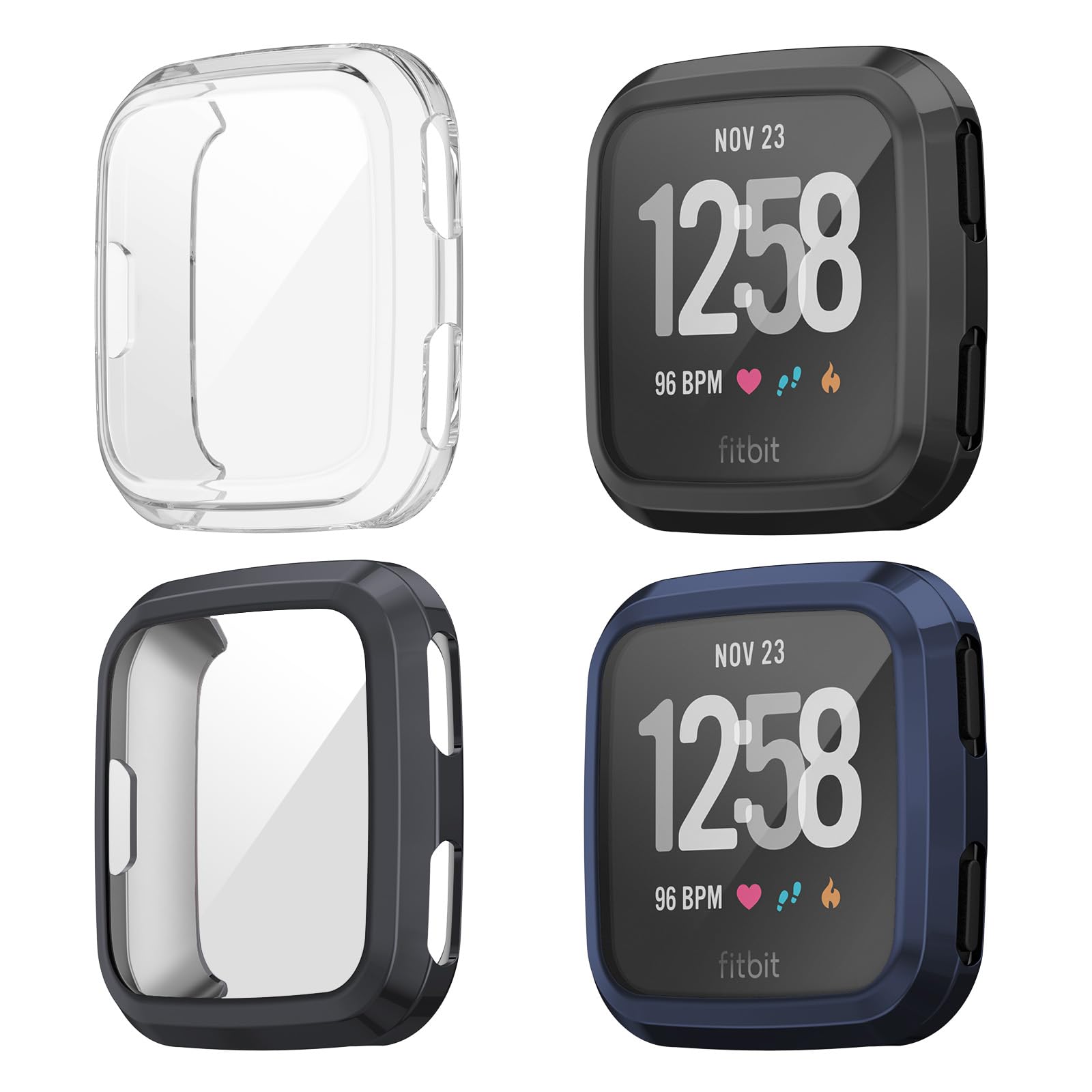 Case for Fitbit Versa - 4 Pack Screen Protector & Bumper Cover (Black, Dark Grey, Navy Blue, Clear)