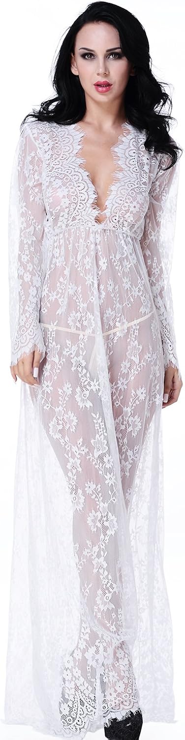 Women's Sexy See-Through Lace Babydoll Nightwear Long Gown Lingerie Dress: Clothing