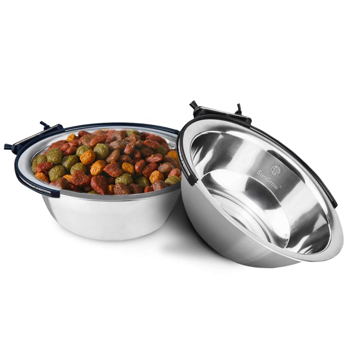 2 Stainless Steel Bowl for Pets by SunGrow: Easily attaches to cage; Perfect for Cats and Dogs; Simple removal; Reduce water and food spills; 30 oz/20 oz